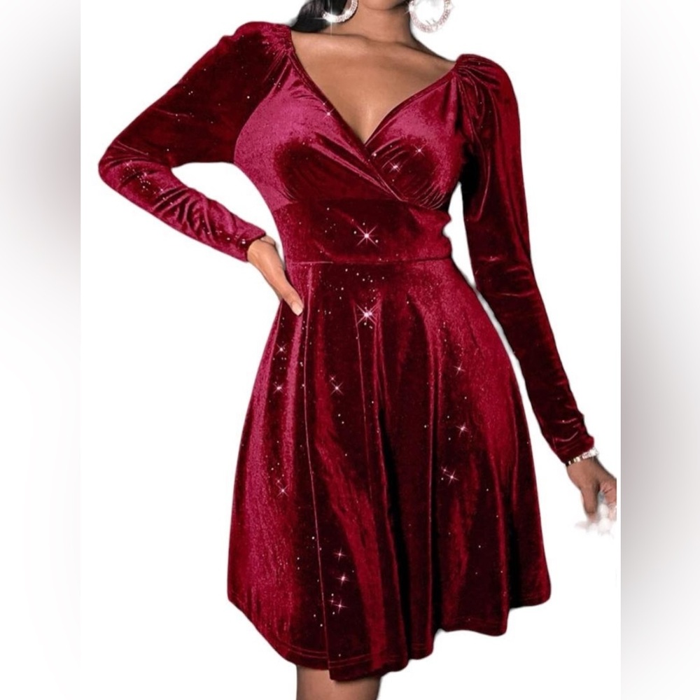 SHEIN Deep Red Velvet Long Sleeve Dress